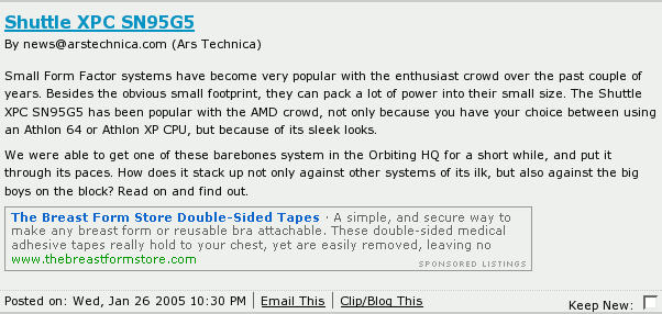 Advertisement for breast form double-sided tape, embedded in the Ars
Technica RSS feed.
