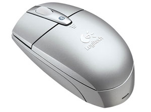 Silver two-button mouse with the Logitech logo