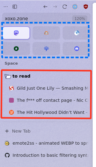 Screenshot of the Zen browser sidebar. There is a 3x2 grid of "Essentials" tabs at the top, with a folder named "to read" below, containing three tabs for various sites.